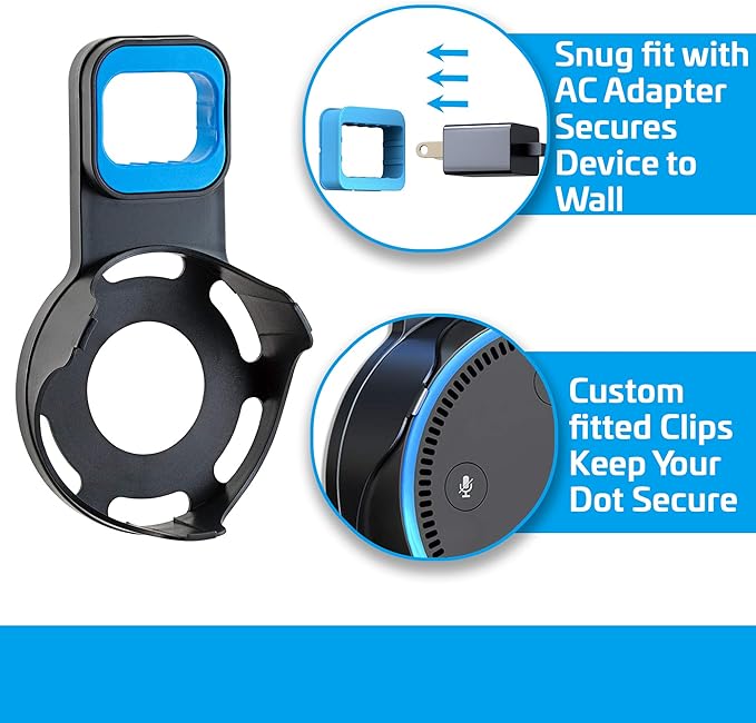 Coby Speaker Wall Mount Compatible with 2nd-Generation Alexa Echo Dot, Device Charging Dock and Storage Station, Cable Management Bracket for Wall Outlet, 7.5-Inch USB Charging Cord Included, Black