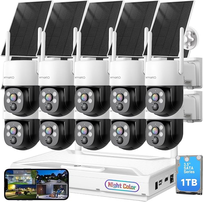 XMARTO Night Color Wire-Free Solar Home Security Camera System with Pan Tilt and Zoom，10-Set CCTV Cameras Kit with 4K 10CH Expandable WiFi NVR 1TB Storage