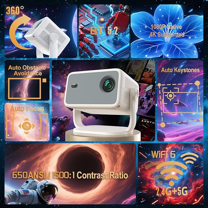 【Velec Officially Licensed & Google CTS Approved】Smart Projector with WiFi and Bluetooth, Auto Focus & Auto Keystone, 360°Rotation 4K Support Native 1080P, 650 ANSI Portable Mini Outdoor Projector