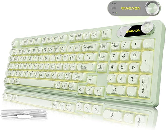 V102 Wired Keyboard, 98 Keys Creamy Gaming Keyboard with Number Pad, Display Screen & Media Knob RGB Silent Wired Cute Computer Keyboard for Laptop PC Gamer - Green
