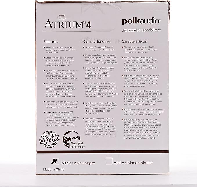 Polk Audio Atrium 4 Weatherproof Outdoor Speakers with Powerful Bass (Pair, Black), All-Weather Durability, Broad Sound Coverage, Speed-Lock Mounting System (Pack of 4)