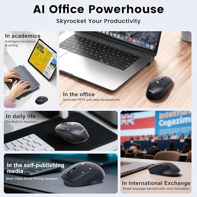 AI Wireless Mouse for PC Laptop Bluetooth Mouse with AI Assistants & Voice Typing 5-Speed DPI Adjustable Ergonomic Design for Office Remote Work High-Performance Device for Professionals Students
