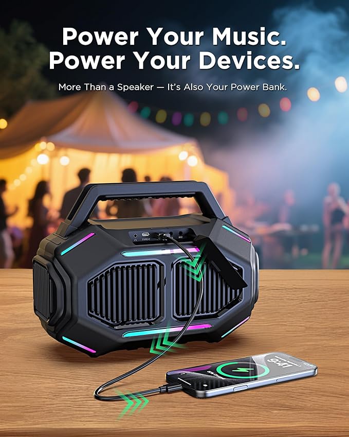 Bluetooth Outdoor Speakers, 80W(Peak) Loud Wireless Speaker, 30H Playtime, RGB Lights, BassUp 2.0, IPX6 Waterproof, TWS, Bluetooth 6.0, Portable Boombox for Party, Pool, Beach, Black