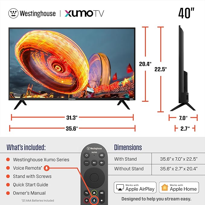 Westinghouse 40-inch Smart TV, FHD 1080P Xumo TV w/Voice Remote, Flat Screen Television w/Dolby Atmos, Blueooth, Apple AirPlay, Wi-Fi & Mobile Connectivity