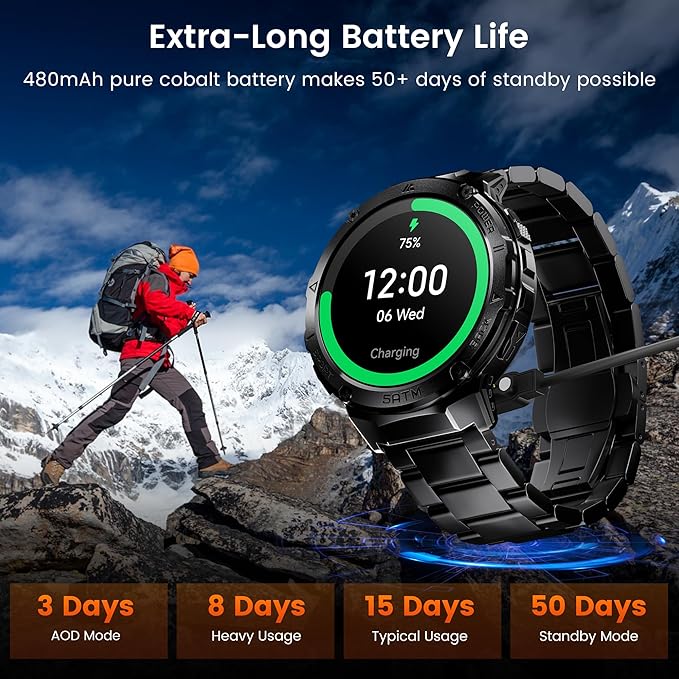 Smart Watches for Men GPS, Pressure,Altitude,Compass, 480mAh Extra-Large Battery, 50M Waterproof, Full Metal Body Rugged Smartwatch, Answer/Make Call,1.43" AMOLED Display(2 Bands)