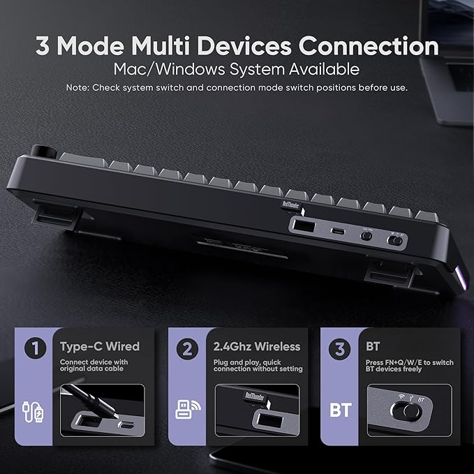 RedThunder K65 Wireless Mechanical Gaming Keyboard, Trip-Modes Connection, Gasket Custom Hot-Swap Keyboard, RGB Backlit, Pre-lubed Linear Switches, Side Printed PBT Keycaps, Gradient Gray