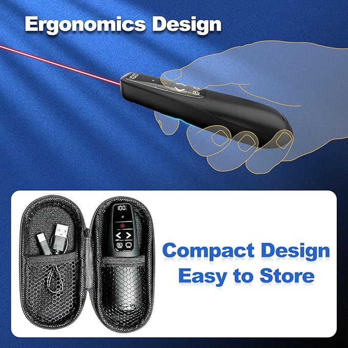 Rechargeable Presentation Clicker with Case, Power Digital Display Wireless Presenter Remote, USB C Red Light Pointer Computer PowerPoint PPT Clickers for Mac Laptop, Slideshow Google Slide Advancer