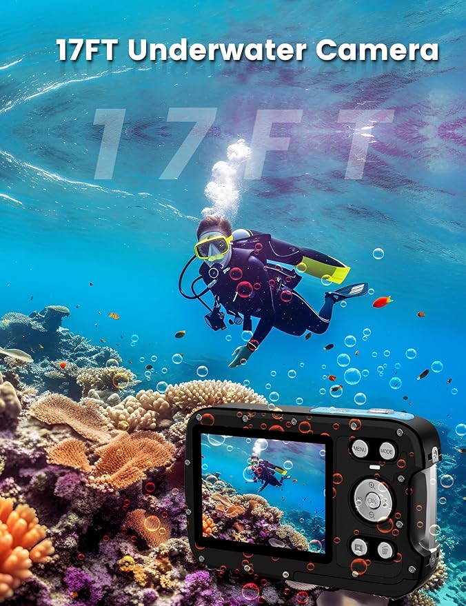 Underwater Camera 4K 48MP Autofocus Selfie Dual Screen Waterproof Camera with Floating Strap and 32GB Card, 17FT Compact Waterproof Digital Camera, Fill Light Underwater Camera for Snorkeling