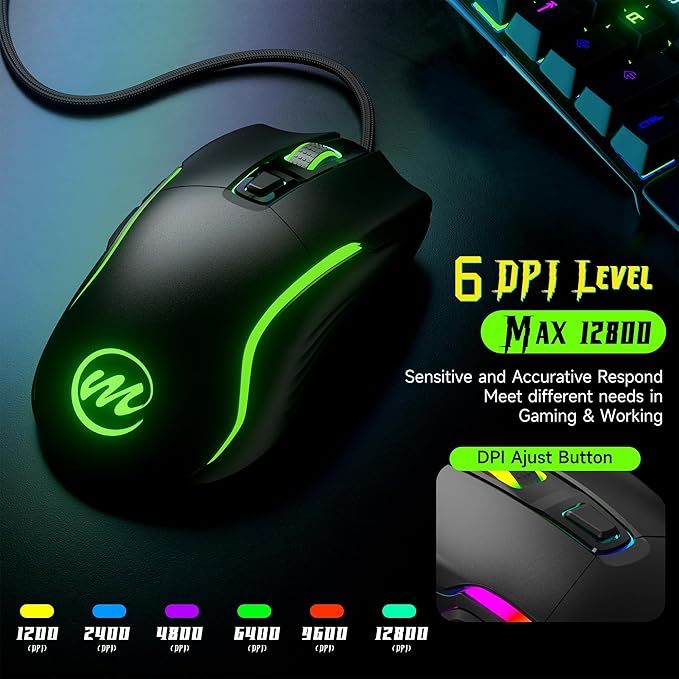 memzuoix Wired Gaming Mouse with RGB - 6 Adjustable DPI up to 12800, 6 Buttons, 12 Lighting Modes, Ergonomic Design with Anti-Slip Rubber Wheel, 5.6ft Braided Cable for PC/Mac/Windows - Black