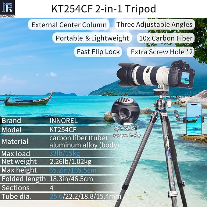 INNOREL KT254CF Carbon Fiber Tripod Professional Portable Compact Travel Tripod for Digital DSLR Camera Stand Support with Adjustable Center Column 1.01in/25.6mm Tube Max Load 33lbs/15kg