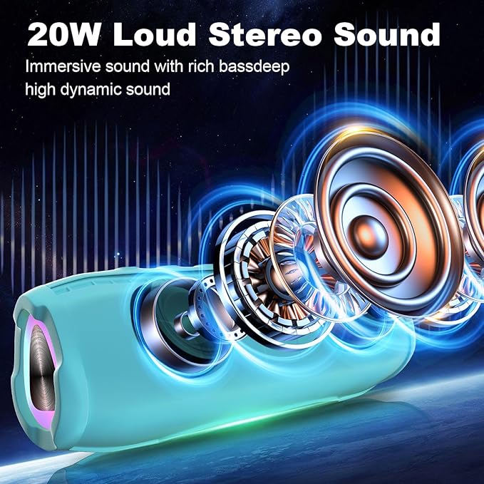 Bluetooth Speakers, Portable Bluetooth Speaker Wireless with 20W Loud Stereo Sound, TWS Pairing, IPX6 Waterproof Shower Speakers, 36H Playtime, RGB Light Speaker, Built-in Radio Mode