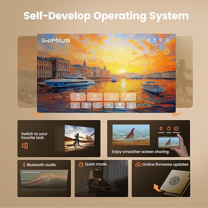 [AI Auto Focus] Projector with WiFi6 and 2-Way Bluetooth, 20W Speakers, 1080P Home Theater Movie Proyector, Fully Sealed Projector w/ HDMI ARC, iWIMIUS for Indoor&Outdoor (Black, Standard)