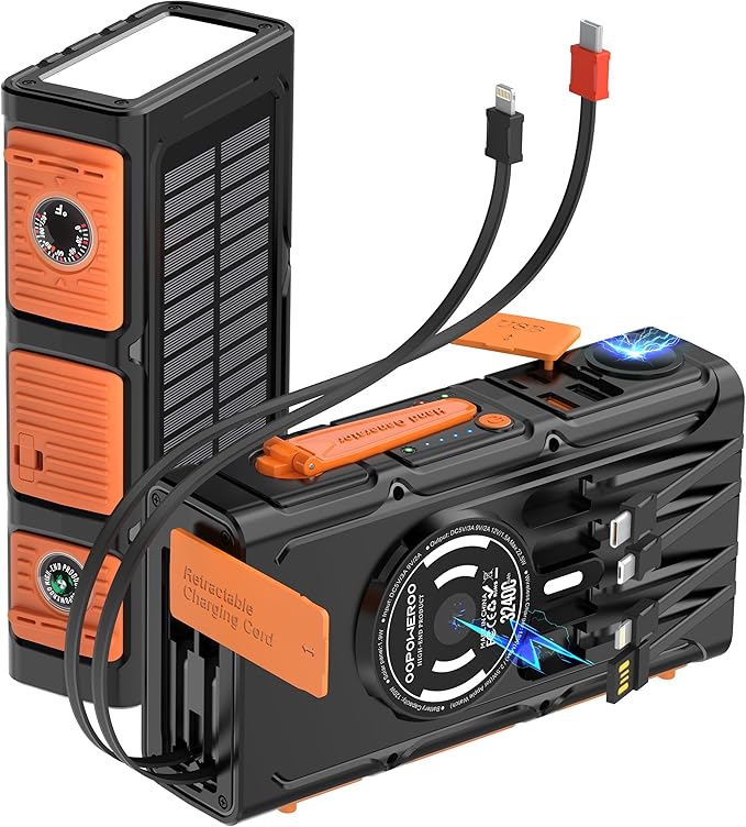 Solar Power Bank Dual Magnetic Wireless Charging, Built-in 2 Retractable Cables & Hand Crank and 22.5W Fast Charge, SOS/Strobe/Strong Flashlights