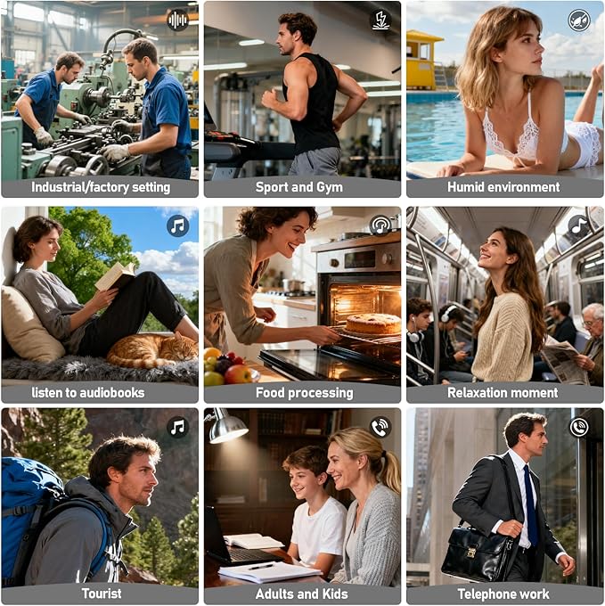 ANC Wireless Earbuds with Big Bass Durable, Lightweight Design for Noisy Factories, Gym, and Travel, Includes 3-Size Tips for Secure Fit