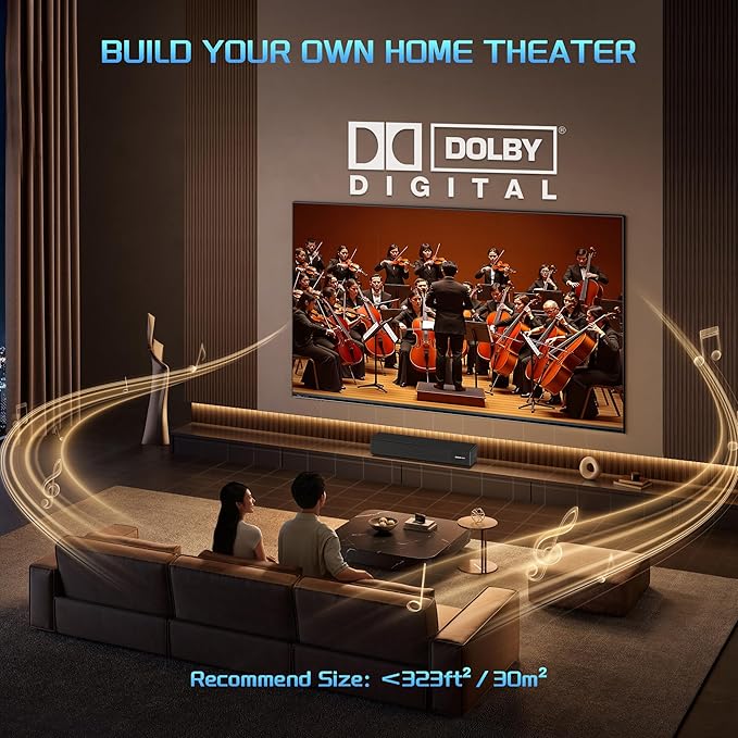 TV Sound Bar, Bluetooth Soundbar with Dolby Digital Surround Audio System for Smart TV, HDMI ARC/Opt/Aux Home Theater Speaker for Game/PC/Projector