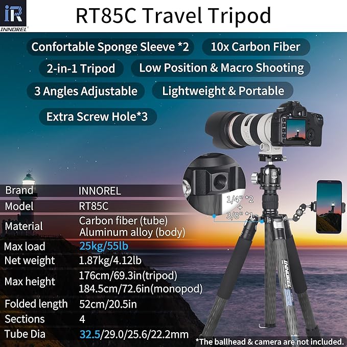 Carbon Fiber Tripod-INNOREL RT85C Without Ballhead Super Professional Tripod Monopod Heavy Duty Stand Support for Digital DSLR Camera Black