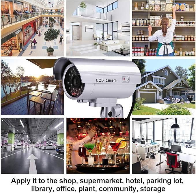 FITNATE Dummy Security Camera, 4 Packs Fake Surveillance Security CCTV Camera System with LED Red Flashing Light for Both Indoor & Outdoor Use + Security Camera Warning Stickers × 4 (Silver)