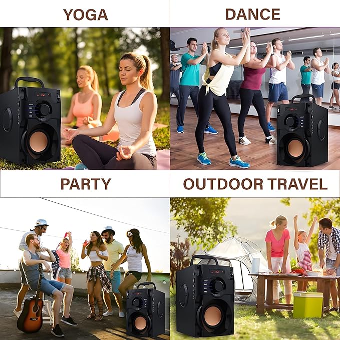 Bluetooth Speaker, Portable Wireless Speaker with Subwoofer Heavy Bass, FM Radio with LED, Remote Control, Phone Holder, MP3 Player for Party, Christmas, Indoor Outdoor, Mobile PC
