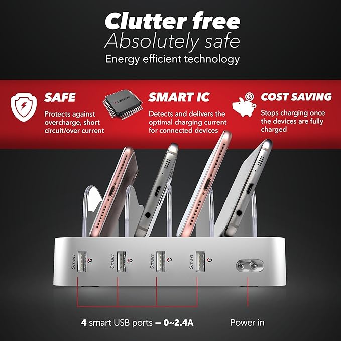 4 Port USB Charging Station - Fast Charging Dock for Multiple Devices Apple - Multi Device Charger Station - Compatible with Apple iPad, iPhone, Android, and Tablet - Charging Rack