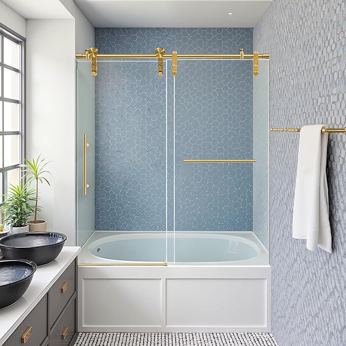 56-60" W x 66" H Tub Shower Door Bathroom Sliding Shower Door 5/16"(8mm) Thick Tempered Glass Shower Door with Double Stainless Steel Handles for Bathtub, Brushed Gold
