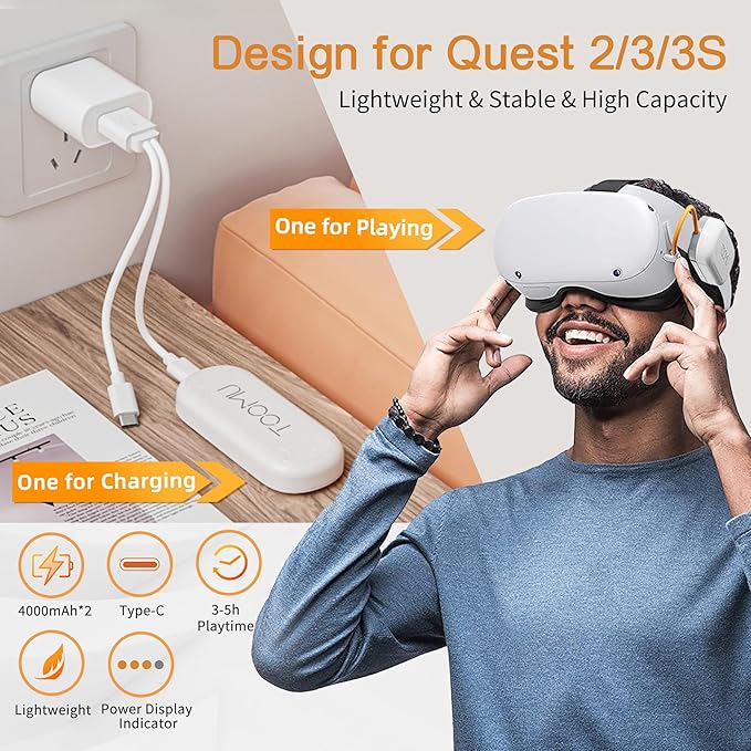 Dual Battery Pack Set for Meta Quest 2 / Quest 3 / Quest 3S, 8000mAh Battery Pack Compatible with Quest 2/3/3S, VR Extended Power Accessories Magnetic Connections and Lightweight Design