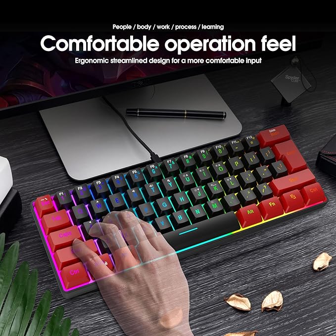 Snpurdiri 60% Wired Gaming Keyboard, Ultra-Compact RGB Backlit Small Gaming Keyboard for PC Computer Gamer (Red and Black)