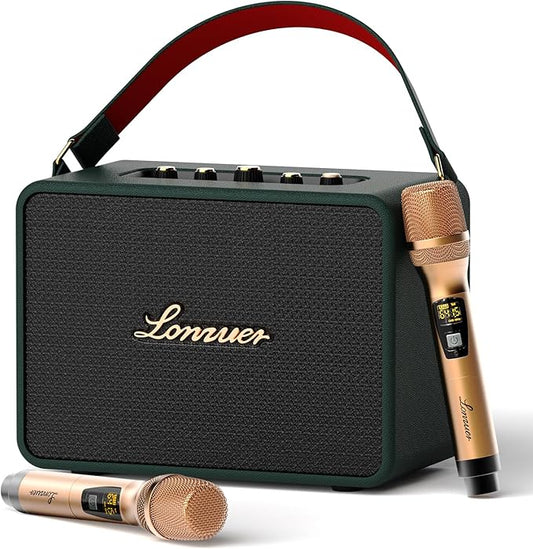 18000mAh Rechargeable 120W Loud Bass Retro Portable Karaoke Machine Bluetooth Speaker with 2 Wireless Microphones AUX Guitar Input for Adults (Green)