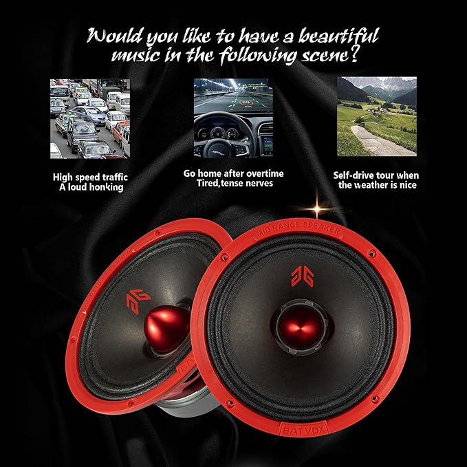 MX80E2 Midrange Loudspeaker 8" Red Bullet, 640W Max, 4 Ohms, Premium Quality Audio Door Speakers for Car or Truck Stereo Sound System, Red (2 Speaker)