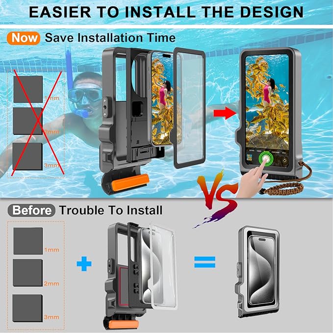 2025 Upgrade Waterproof Phone Case, Diving Snorkeling Swimming Scuba Underwater Touch Screen Photo Video Housing Cover for 17/16/15/14/13/12/11 Pro Max/XS/X Samsung Galaxy S25/S24/S23/S22 (Black Gray)