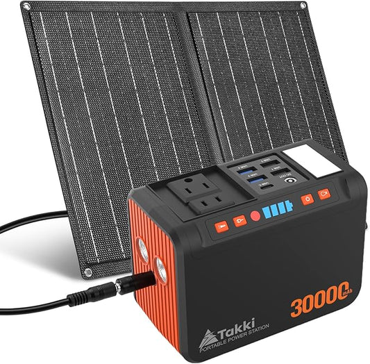 Takki 111Wh Portable Solar Generator Power Station with 21W Foldable Solar Panel, 120W Peak Solar Charger Power Bank with 110V AC DC USB Ports for Camping Emergency Outdoor Home Use