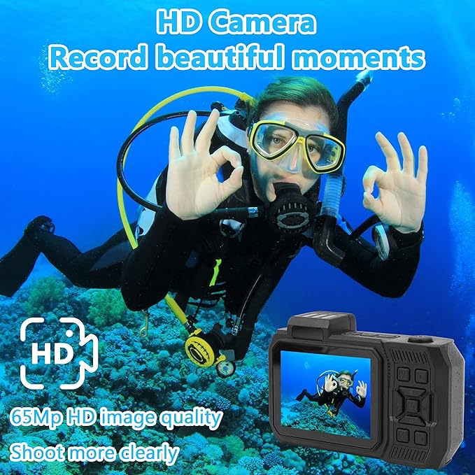 4K Waterproof Digital Camera Snorkeling: 65MP 33FT Compact Rugged Underwater Camera Dual-Screen with 18X Zoom 64GB Card & 2500 mAh Battery for Outdoor Scuba Diving Swimming Black