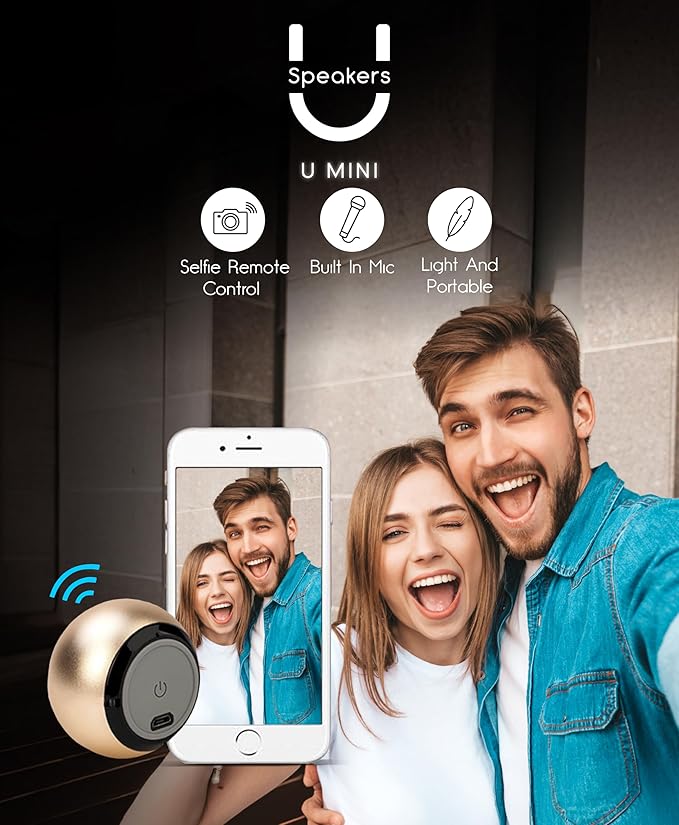 Fashionit U Mini - Small Bluetooth Speaker Wireless - Mic & Remote Shutter, Portable Bluetooth Speakers, Rich Sound for Home & Outdoor, Stocking Stuffers, White Elephant Gifts for Adults - Gold