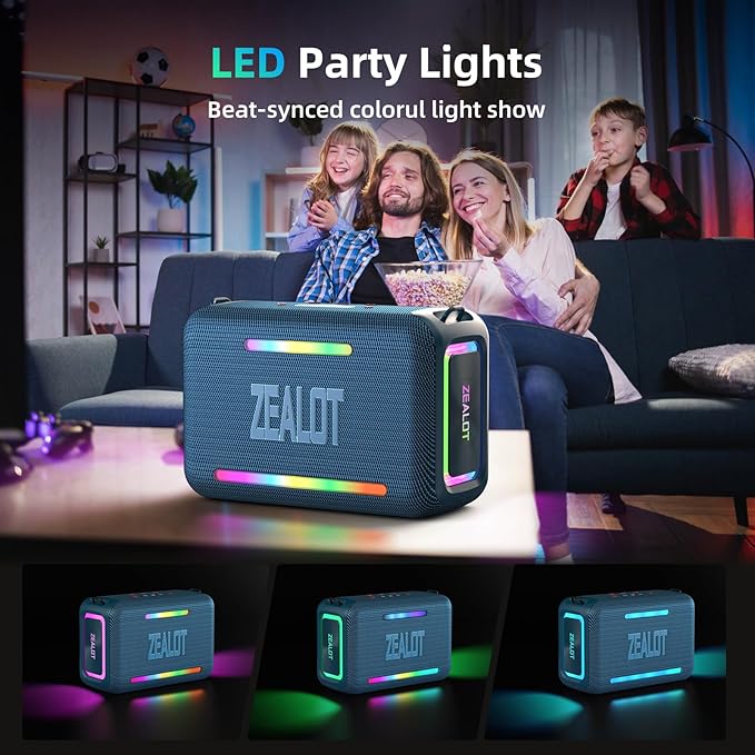 ZEALOT Bluetooth Speaker, 120W Loud Wireless Speakers IPX6 Waterproof Bluetooth Subwoofer Speaker with LED Light, Custom EQ, 40H Playtime, Portable Speakers for Outdoor, Party