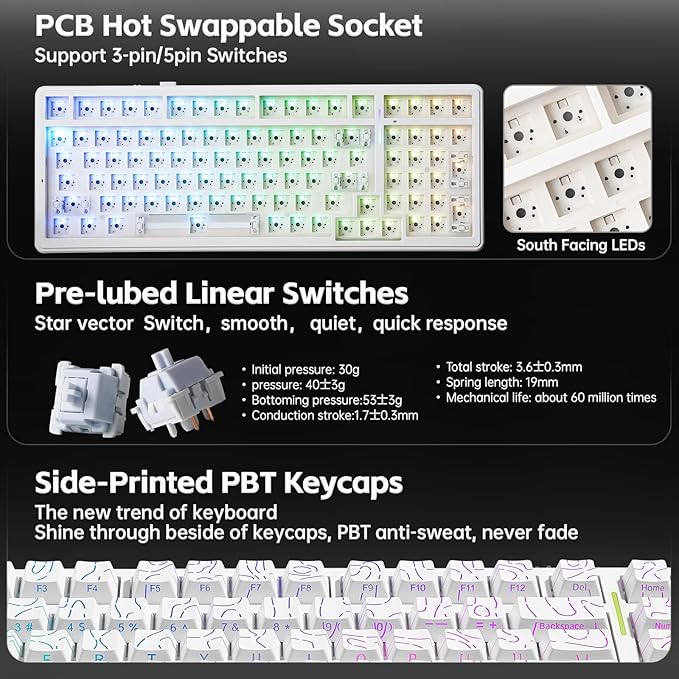 x AULA F99 Keyboard Gaming, Wireless Mechanical Keyboards, Hot Swappable Custom Creamy White Keyboard, RGB Backlit PC Gaming Keyboards,BT5.0/2.4GHz/USB-C,Topographic Side-printed Keycaps,LEOBOG Switch