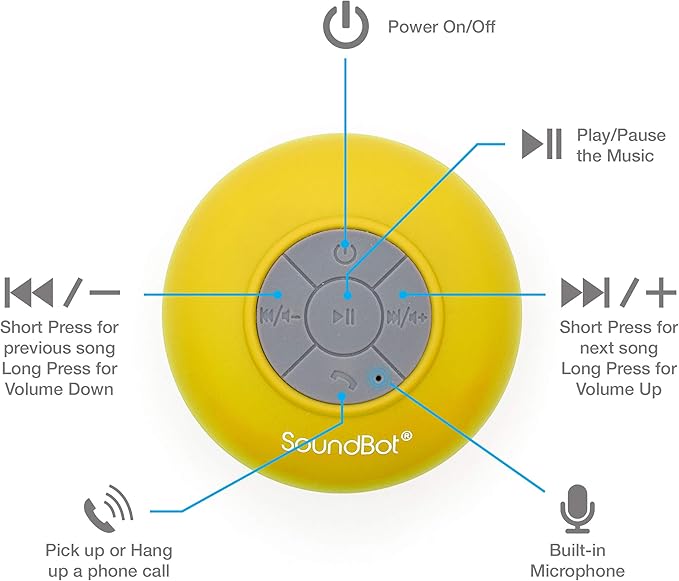 Soundbot SB510 HD Bluetooth, USB, Infrared Shower Speaker, Water Resistant Handsfree Portable Speakerphone with Built-in Mic, 6hrs of Playtime, Control Buttons and Dedicated Suction Cup Yellow