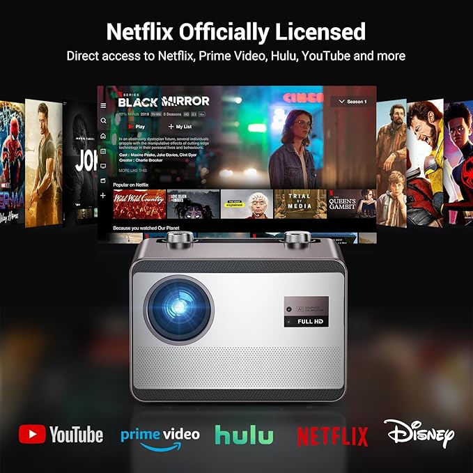 2000 ANSI Netflix Officially Licensed 4K Full HD Outdoor Projector, HAPPRUN Projector with Wifi and Bluetooth, Built-in Apps, Auto Focus, Smart Projector for Movie/Home Theater/Indoor/PS5/PC/Phone
