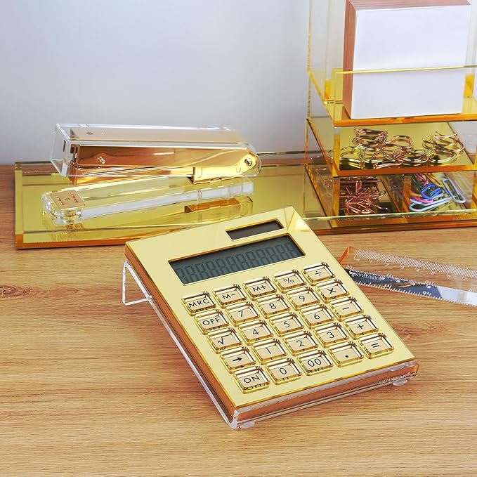 Acrylic Calculator with Stand, Battery and Solar Hybrid Powered Basic Calculator 12-Digit LCD Display,Home Office Desktop Accessories(Gold)