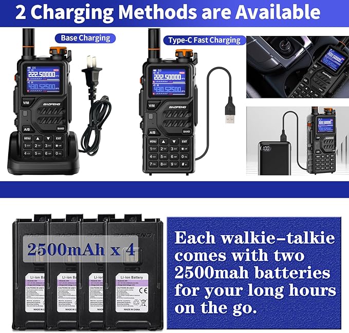 BAOFENG K5PLUS Tri Band Ham Radio Handheld,Walkie Talkies Long Range NOAA Weather Receiver High Power Two Way Radios with One Key Frequency Match,USB C Charger,999CH with Extra 2500mAh Battery 2 Pack