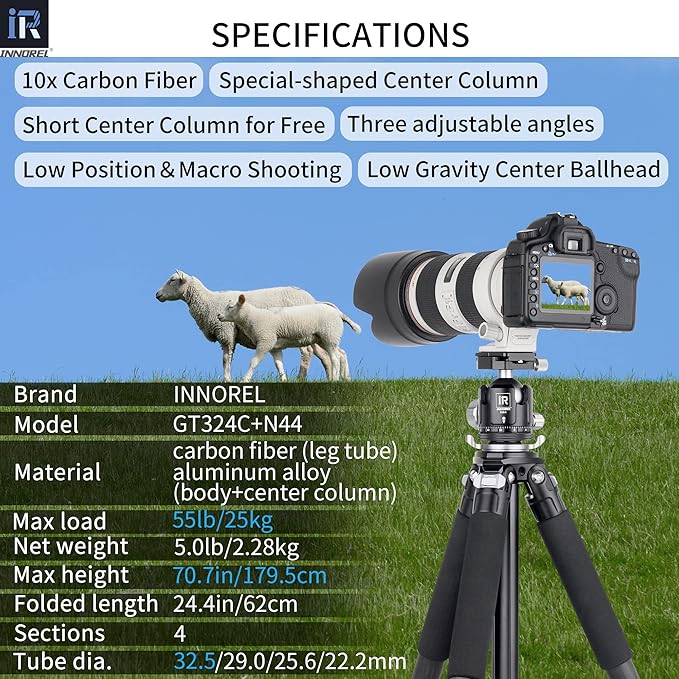 Carbon Fiber Tripod-INNOREL GT324C Professional Compact Tripod for DSLR Camera Heavy Duty Stand with Low Gravity Center Ball Head Special-Shaped Center Column Max Load 55lbs/25kg