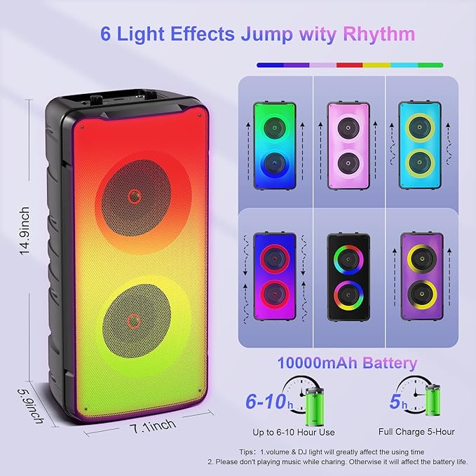 Bluetooth Speakers, 60W(80W Peak) Portable Loud Wireless Stereo Speaker with Rich Bass, Bluetooth 5.0, FM Radio, Colorful Light, TWS Pairing, EQ, 10000mAh Battery, Outdoor Speaker for Home Party Gift
