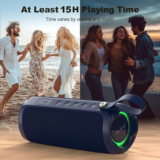 Bobtot Portable Bluetooth Speaker, IPX6 Waterproof Speaker with Punchy Bass, 15W Loud Sound, RGB, 15H Playtime, Dual Pairing for Party, Camping, Beach, Blue
