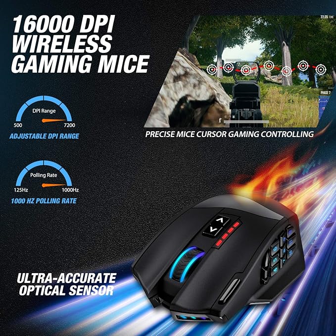 UtechSmart Venus Pro RGB Wireless MMO Gaming Mouse, 16,000 DPI Optical Sensor, 2.4 GHz Transmission Technology, Ergonomic Design, 16M Chroma RGB Lighting, 16 programmable Buttons, Up to 70 Hours