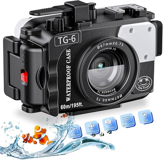 Seafrogs 60m/195ft Underwater Camera Housing for Olympus TG-6 – Waterproof Case with 52mm & 67mm Thread, Dual Fiber Optic Ports, Leak Detection, Stainless Steel Mounting Plate (TG-6-black)