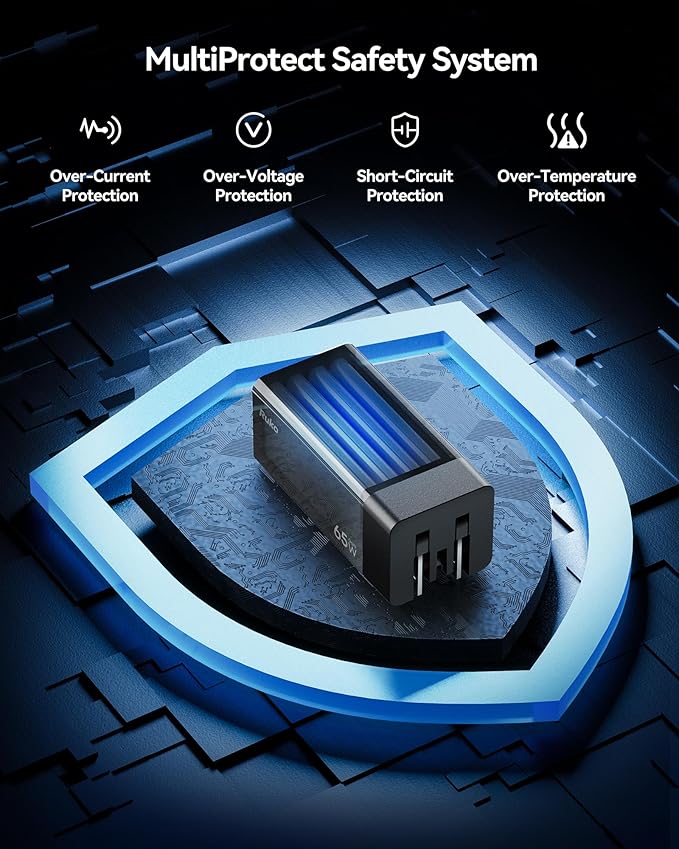 Ruko PD65W USB C Charger, 3-Port GaN Fast Charger Block, Compact Foldable Wall Charger for iPhone 16/15, MacBook Pro/Air, Galaxy S24, Pixel, Drone, Switch and More, Black