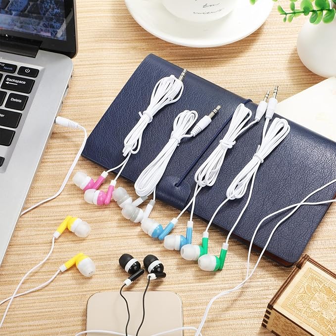 Flutesan 120 Pack Bulk Earbuds in Ear Headphones Earbud Assorted Colors Wire Earphones Wholesale for Classroom, Libraries, Students, Individually Bagged