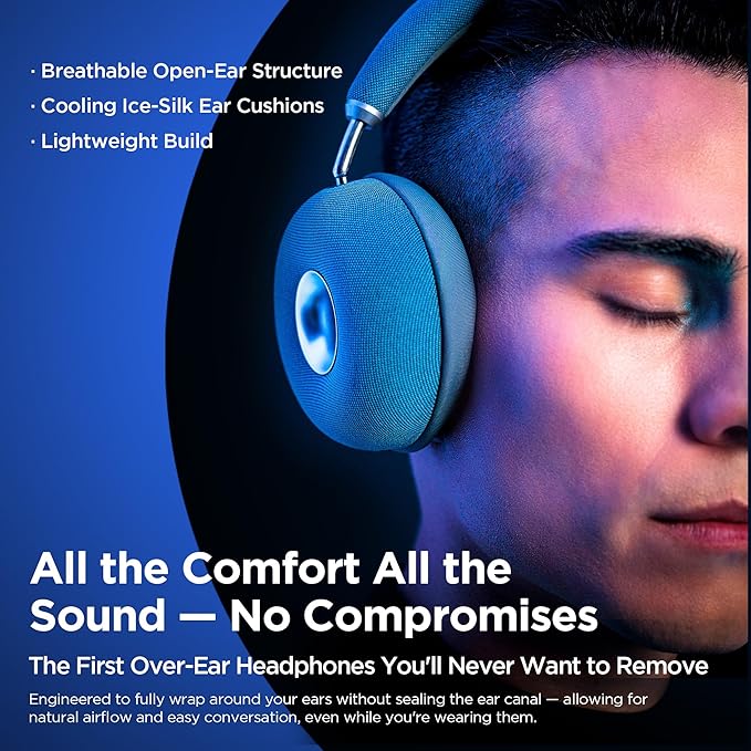 BUGANI AirCore Open-Ear Wireless Headphones: Bluetooth 5.3 Over-Ear Headset with Removable Noise-Canceling Ear Caps, Dual-Driver HiFi Sound, 24H Battery Life Comfortable Fit, Type-C Fast Charging