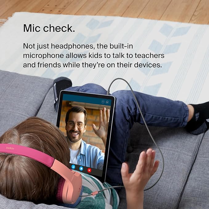 Belkin SoundForm Mini Kids Wired Headphones with Built-in Microphone & Fun Stickers, 85dB Safe Volume Limit – for Online Learning, Travel, Compatible w/iPhone 15, iPad, Galaxy S23, & More - Pink