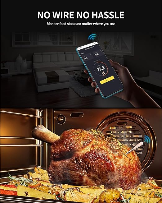 Wireless Smart Meat Thermometer - Digital Food Meat Thermometer up to 500Ft Remote Range with Bluetooth 5.2 .Thin Probe, for Grill Oven BBQ Smoker Rotisserie, iOS & Android APP