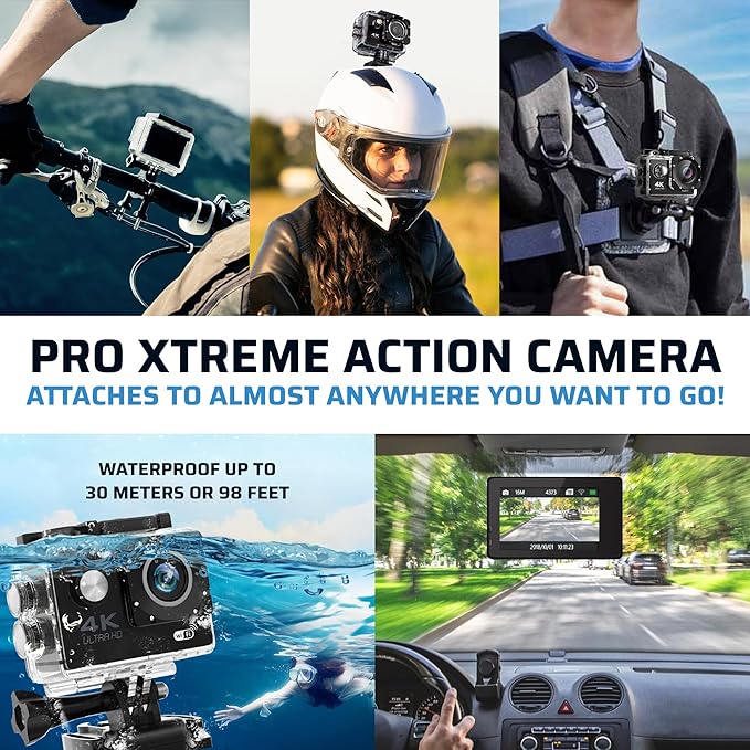 Pro Xtreme 4K Action Camera - Ultra HD Waterproof Camera Video Camera with Wi-Fi, 170° Wide Angle Lens, Image Stabilization, Multiple Mounting Options - Perfect Underwater Camera Snorkeling