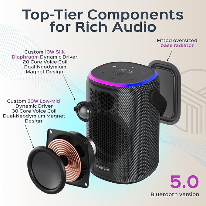 TREBLAB HD-Energy-Pro Outdoor Wireless Speakers with Bluetooth – Immersive 40W Audio, IPX6 Waterproof, 18H Battery, RGB Light, USB Playback, TWS, Built-in Mic – Portable Desktop Bluetooth Speaker